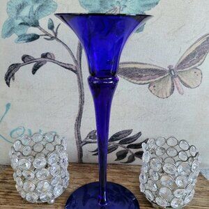 Oneida Lead Crystal Cobalt Blue Hand Cut & Blown Tapered Candlestick Holder